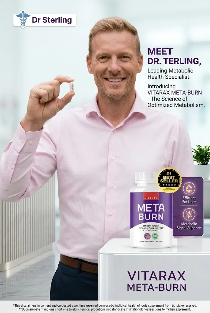 'A vertical marketing poster featuring Dr. Sterling holding a capsule next to a Vitarax MetaBurn dietary supplement bottle.