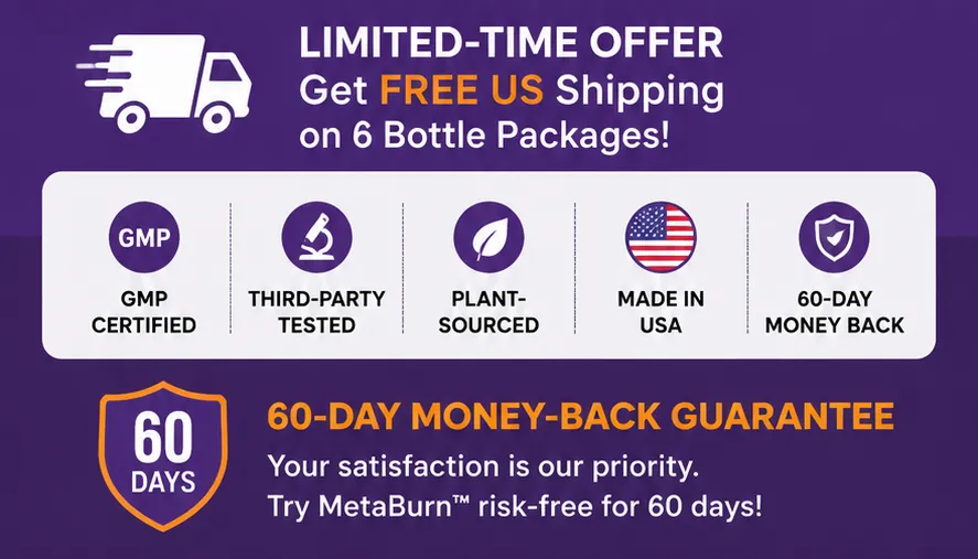 'A promotional graphic for MetaBurn on a purple background. At the top, a shipping truck icon accompanies the text 
