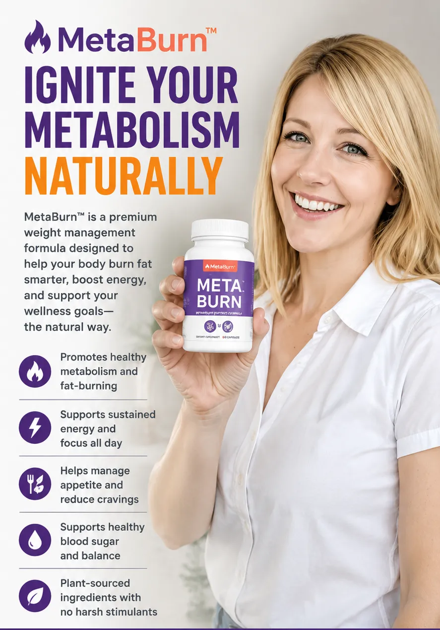 'An advertisement for MetaBurn featuring a smiling woman holding a bottle of the dietary supplement. The bold text reads IGNITE YOUR METABOLISM NATURALLY, followed by a paragraph describing MetaBurn as a premium weight management formula designed to help burn fat smarter, boost energy, and support wellness goals. Five key bullet points with icons are listed below, including benefits such as promoting a healthy metabolism, supporting sustained energy, managing appetite, supporting healthy blood sugar, and using plant-sourced ingredients with no harsh stimulants.'