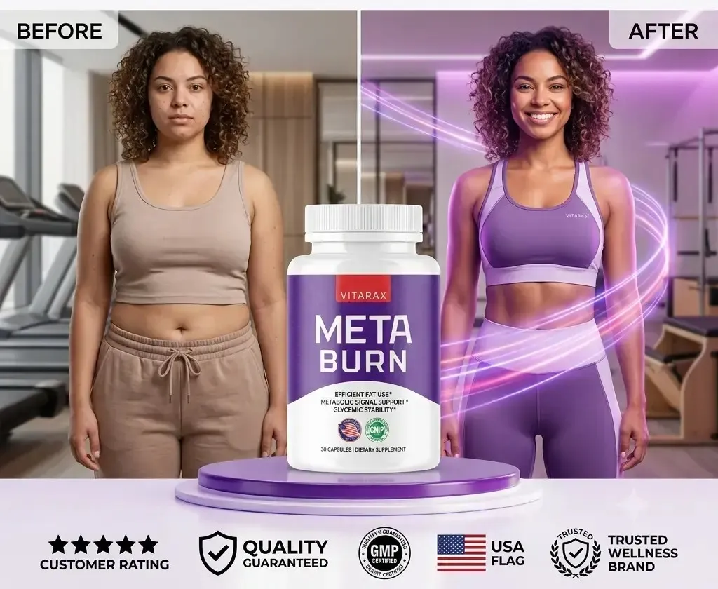 'A horizontal marketing banner showcasing a woman before and after weight loss results next to a bottle of Vitarax MetaBurn.'
