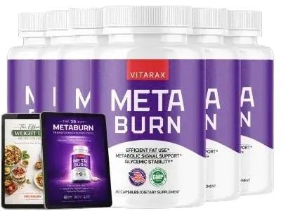 'A vertical marketing poster featuring Dr. Sterling holding a single capsule next to a Vitarax MetaBurn dietary supplement bottle.'