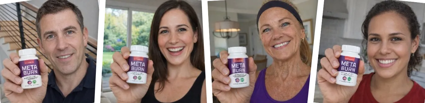 'A horizontal banner showing a collage of four smiling individuals, each holding a bottle of Vitarax MetaBurn dietary supplement.'