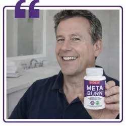 'A square user-generated content graphic featuring a smiling middle-aged man holding a bottle of Vitarax MetaBurn dietary supplement inside a purple frame with a quotation mark icon.